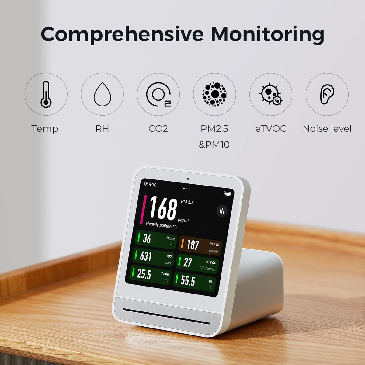Qingping Air Quality Monitor Gen 2, Air Quality Monitor Indoor Detects PM2.5, CO2, PM10, Noise, Temperature and Humidity, New Upgraded Alarm Clock Function, Air Quality Tester for Bedroom