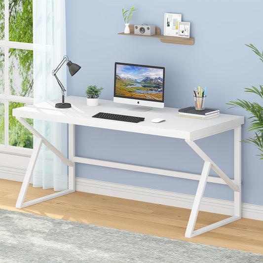 HSH Wit Bureau, Modern Home Office PC Laptop Bureau, Groot Industrieel Metalen Houten Bureau voor Executive Schrijven Werk Studie Gaming, Lange Student Computer Tafel voor Slaapkamer Woonkamer, Wit