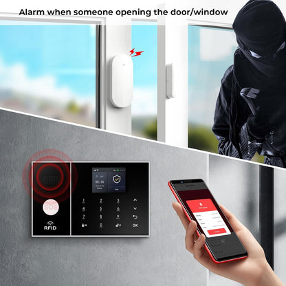 XNY WiFi Huisalarmsysteem, Draadloos 4G Inbraakalarmsysteem voor Huisbeveiliging met APP-waarschuwing, 24-delig Pakket (Bewegingsdetector, Deurvenstersensor, Afstandsbediening, Sirene), Werkt met