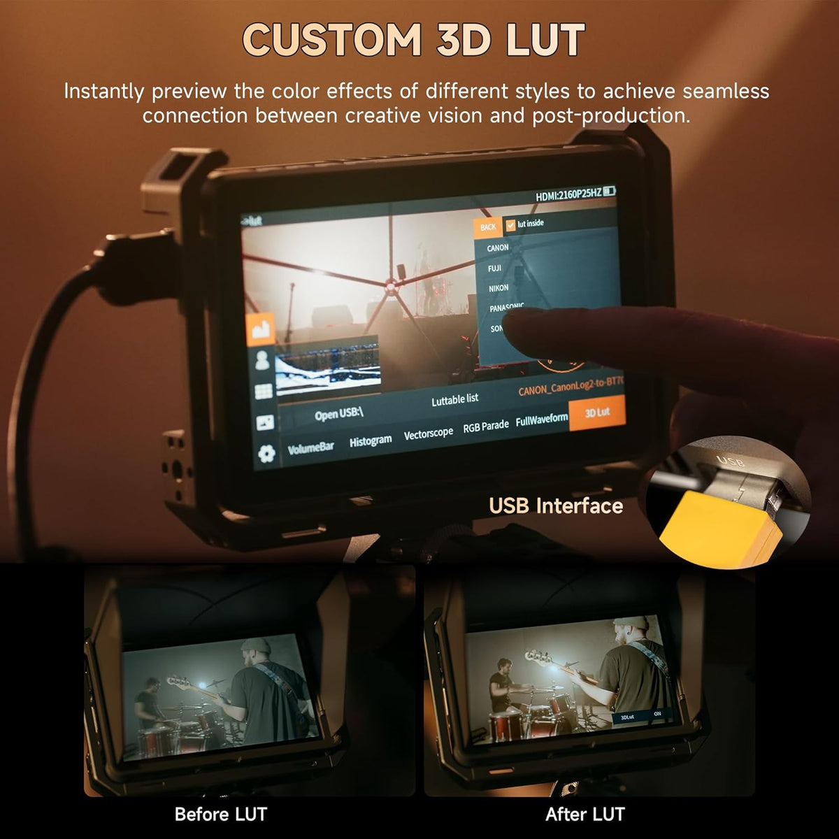 VILTROX DC-X3 2000 Nits SDI Camera Field Monitor Kit met Rig Cage, 4K HDMI 6 Inch Touchscreen DSLR Camera Video Monitor met Zonbescherming / Batterij, 3D Lut 1920x1080 HD Full Waveform Focus Peaking