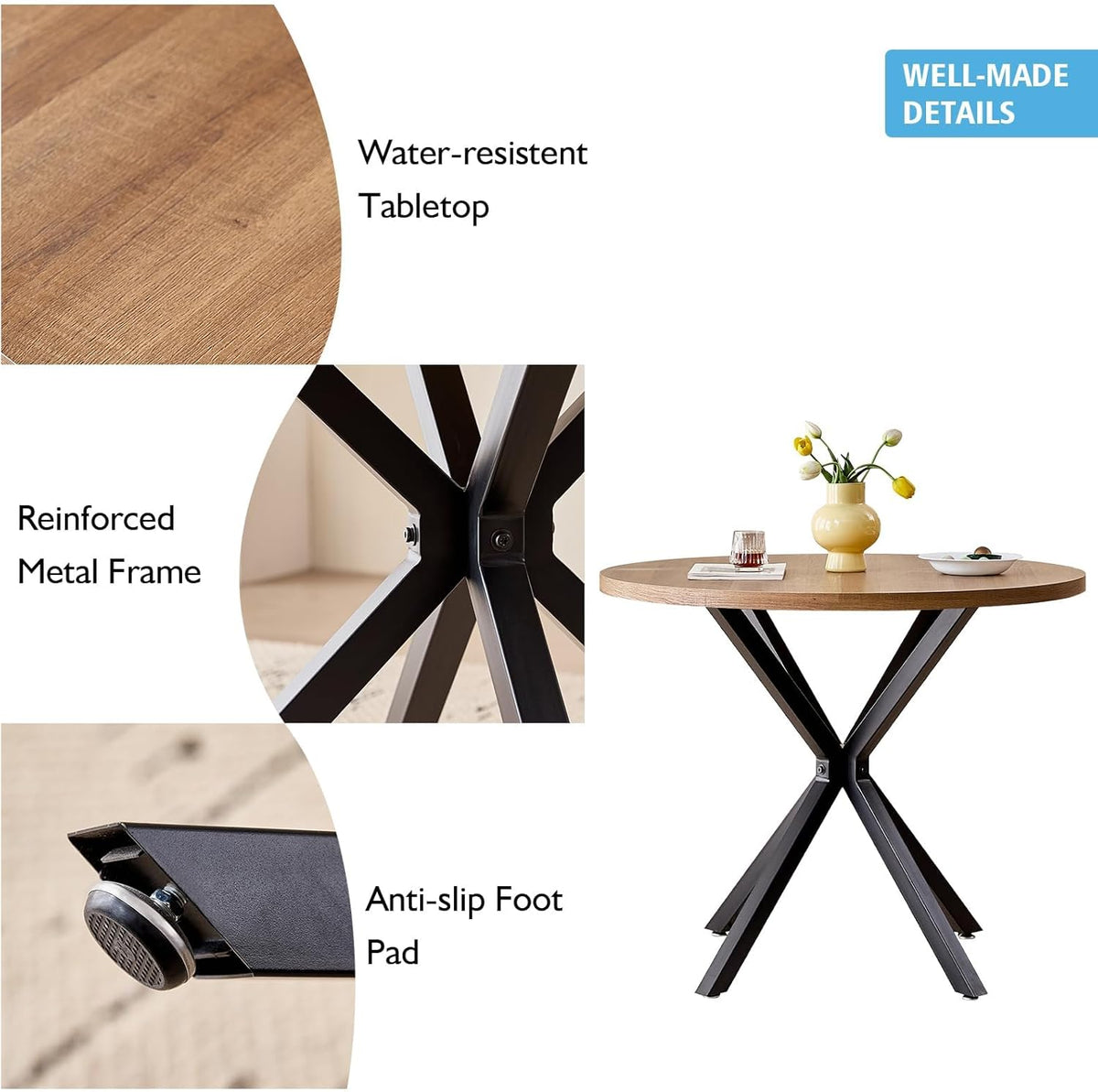 Ronde Eettafel – Eettafel Rond – Keukentafel – Tafel Voor Appartement – Compacte Ronde Tafel – MDF Donker Houtnerf – Stevig X-Onderstel Met Verstelbare Voeten