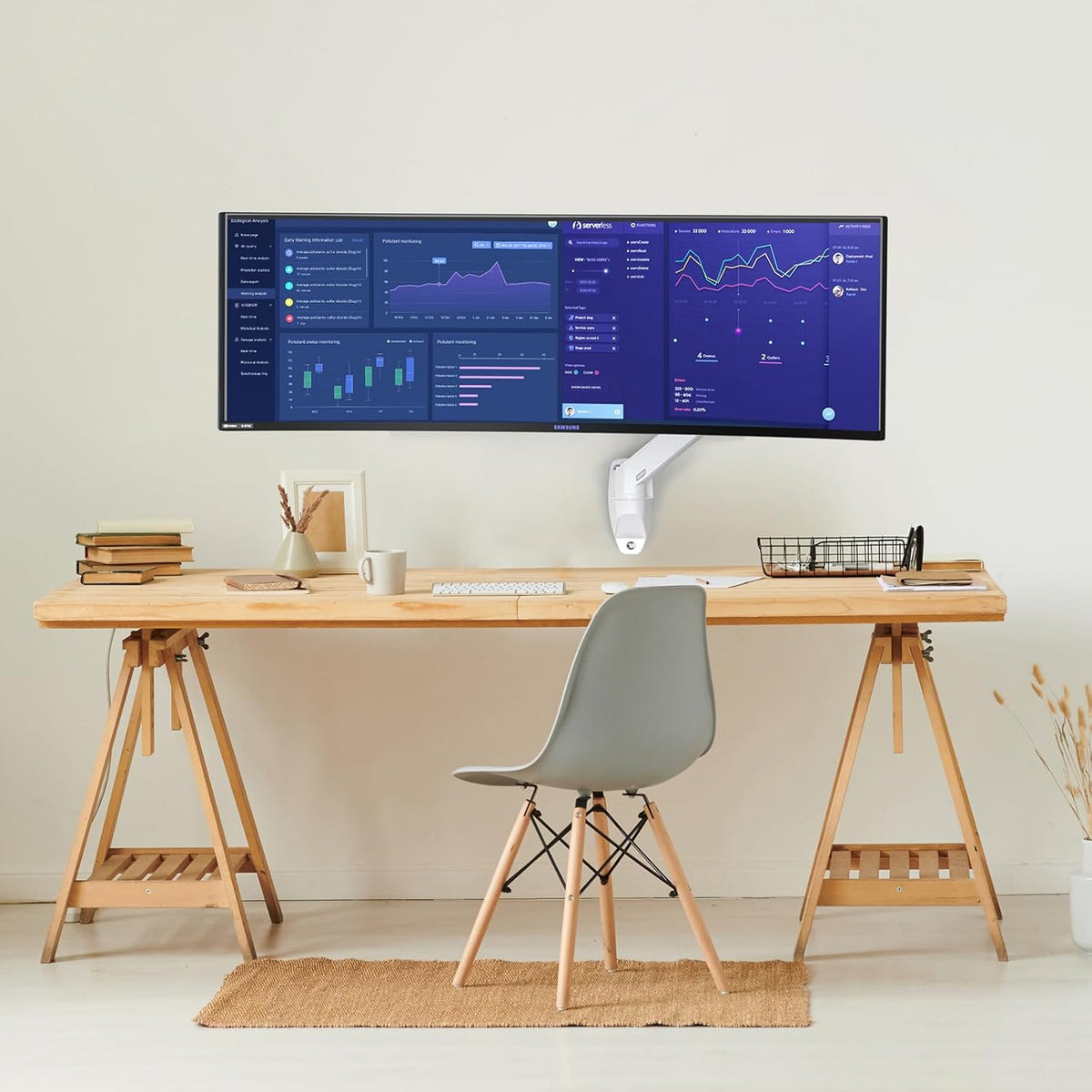 BEWISER Luxueuze Heavy Duty Monitorarm 145 cm, Premium Wandbevestiging voor 34-57 inch Scherm, Ondersteunt tot 20 kg, Ultrawide 49 inch Monitorarm Wandbevestiging, Wit