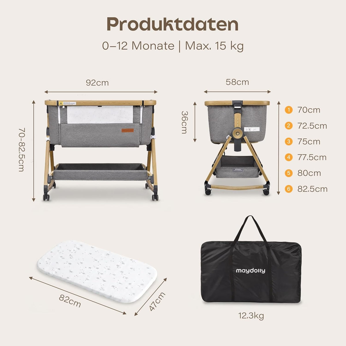 Maydolly Baby Cot,Baby Co-sleeper, 3 in 1 Cots, Bedroom Crib,Cot,High Quality Mattress ech Height Adjustment and Incline Adjustment, 4 Casters with Brake(Grey) - QUORE