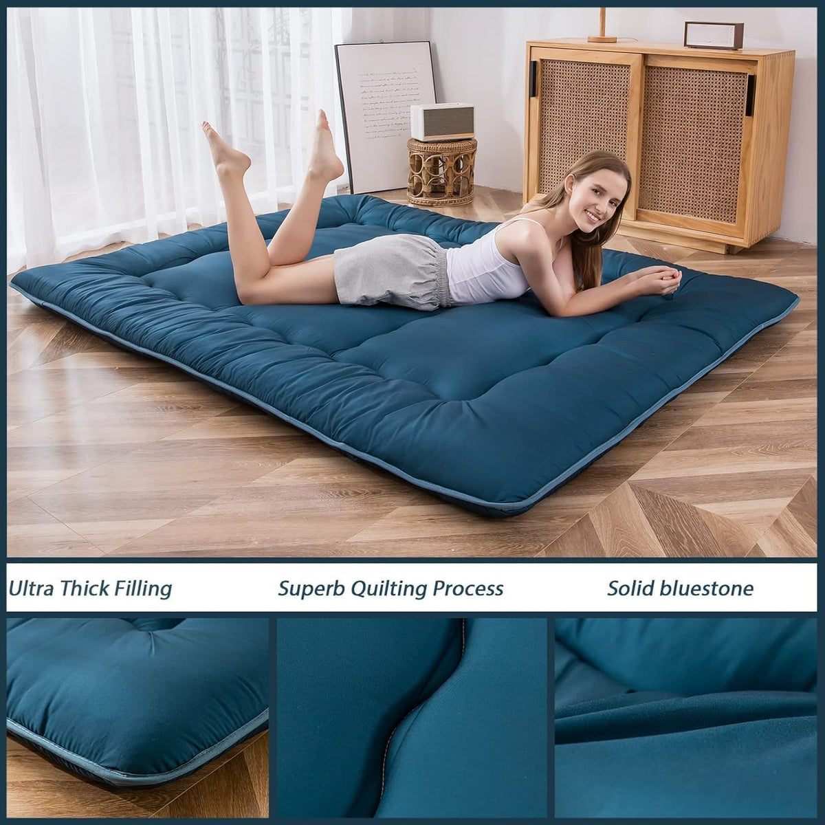 MAXYOYO Japanse vloermatras, futonmatras, dikkere tatami-mat, slaapkussen, opvouwbaar, oprolbaar matras, slaapzaal, matras, vloerligstoel, kussen, bed (blauwe hardsteen, eenpersoons)