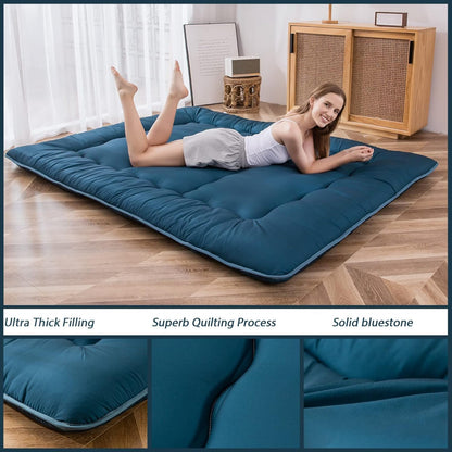 MAXYOYO Japanse vloermatras, futonmatras, dikkere tatami-mat, slaapkussen, opvouwbaar, oprolbaar matras, slaapzaal, matras, vloerligstoel, kussen, bed (blauwe hardsteen, eenpersoons)