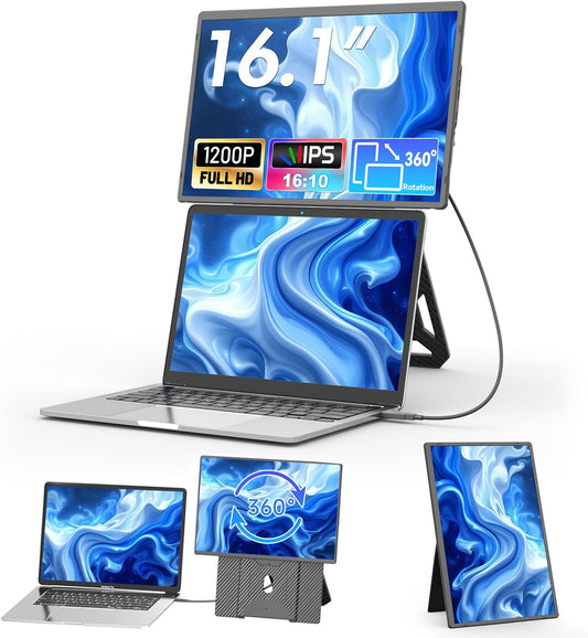 Draagbare Monitor – Extern Scherm – Laptop Scherm Uitbreiding – Tweede Beeldscherm – Portable Display – 16,1 Inch Full HD 1200p IPS – Verstelbare Standaard Met 360° Rotatie
