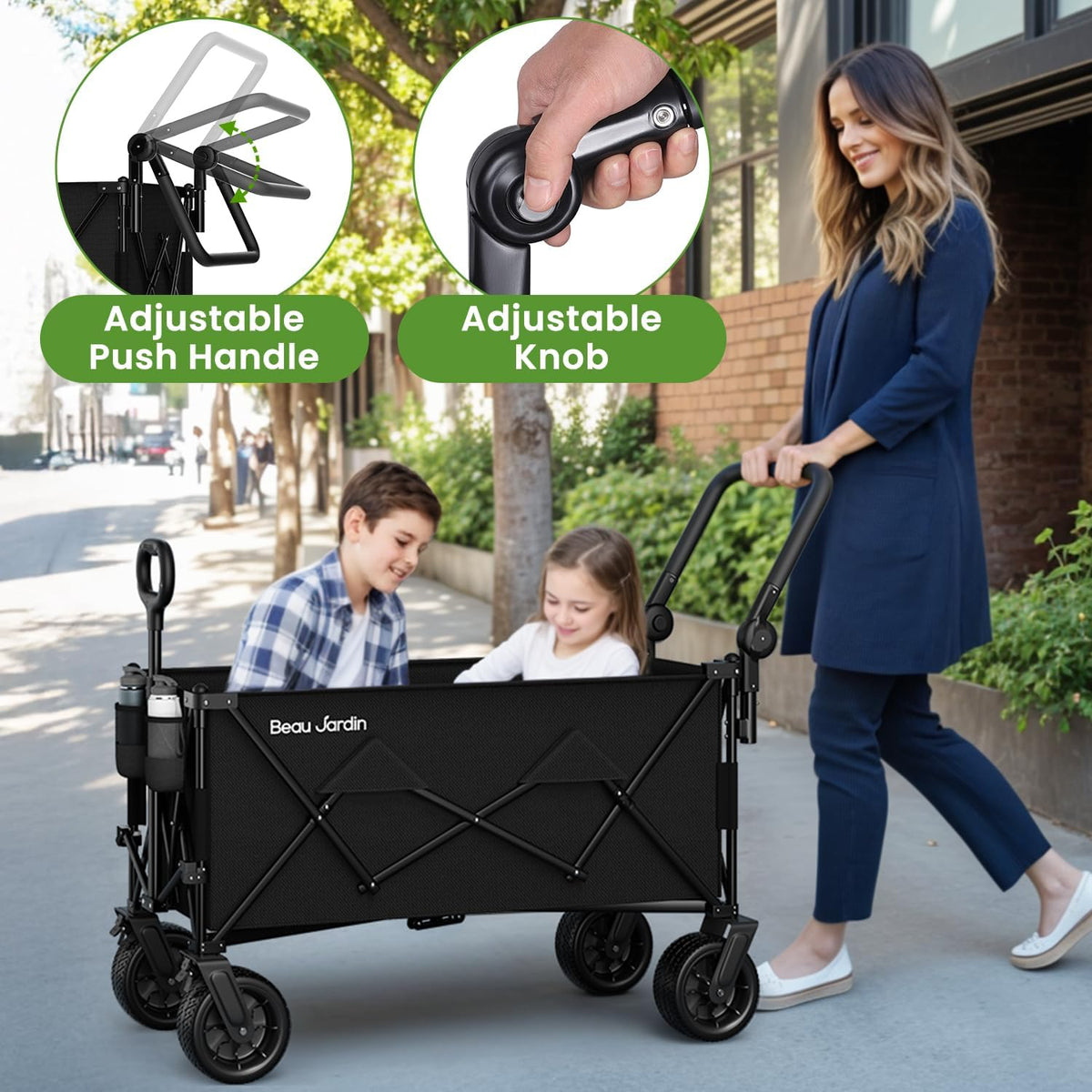 Beau Jardin Opvouwbare strandwagen, met wielen, opvouwbaar, met intrekbare handgreep, voor elk terrein, transport, draaibare voorwielen, capaciteit voor kamperen, buiten en picknick, zwart