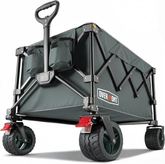 Overmont Opvouwbare festivaltrolley - 150 kg capaciteit opvouwbare wagen voor camping strand tuin picknick winkelen, zware kar met verstelbare handgreep en all-terrain wielen en rem, grijs