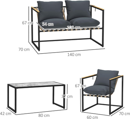 Balkonmeubelset – Tuinmeubelset – Lounge Set – Terrasmeubilair – 4-delig – Gepoedercoat Stalen Frame – 12 cm Dikke Comfortabele Kussens – Grijs