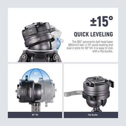 NEEWER LITETRIP LT32 62" reisstatief koolstofvezel met ±15° nivellering, 360° panoramakop, afneembare middenas, snelle flip-gesp, Arca QR-plaat compatibel met Peak Design Capture V3, (voormalig TP62)