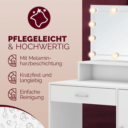 CASARIA® Dressing Table Jocelyn LED 90x40x140cm Mirror Cabinet Drawer 3 Shelves Bedroom Makeup Table Cosmetics Table Modern Wood White - QUORE