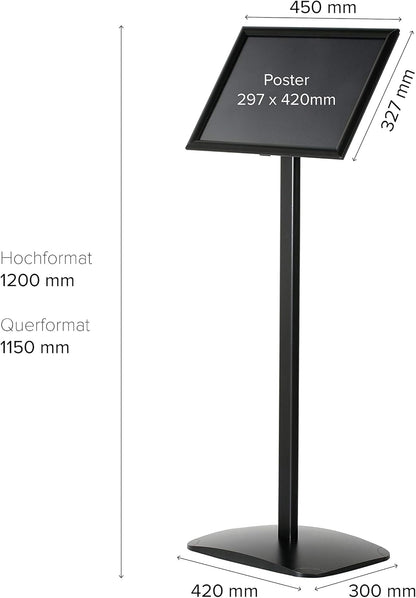 Infostandaard DIN A3 – Posterstandaard, Affichestandaard, Menustandaard, Displaystandaard – Zwart, Staand En Liggend Inzetbaar – Klik- En Klapframe – Zware Aluminium Voet, 1,20 M Hoog