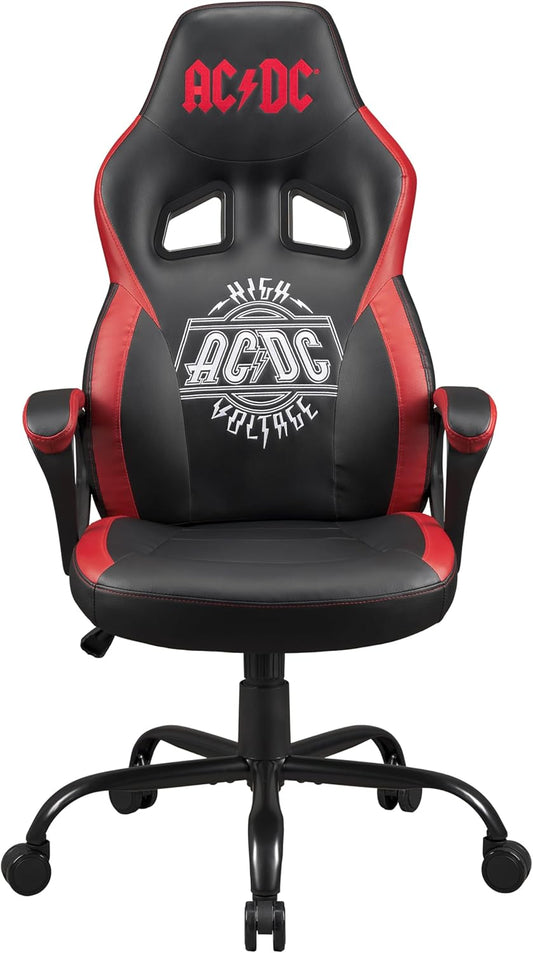 AC/DC - gamestoel of bureaustoel, AC DC gamerfauteuil voor tieners of volwassenen, comfortabele schommelstoel, geïntegreerde hoofdsteun en armleuningen, ergonomisch gevormde rugleuning - zwart