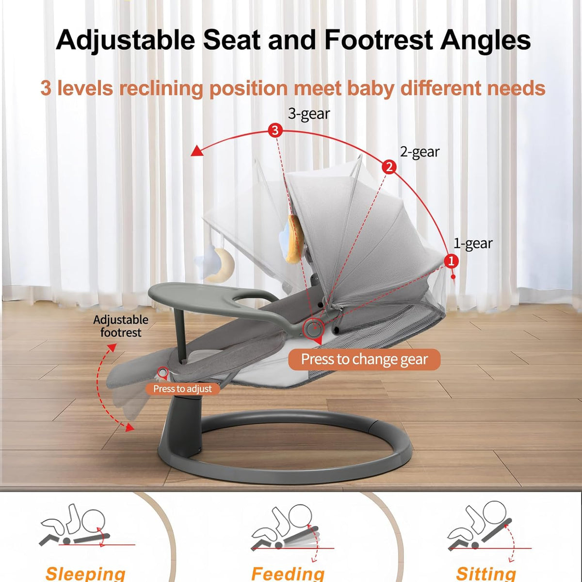 Baby Electric Bouncer 0 to 12 kg with Lullaby, 5 Rocking Speeds, Dinner Plate, Bluetooth Remote Control, Foldable, 5-Point Strap, for Indoor and Outdoor Use - QUORE