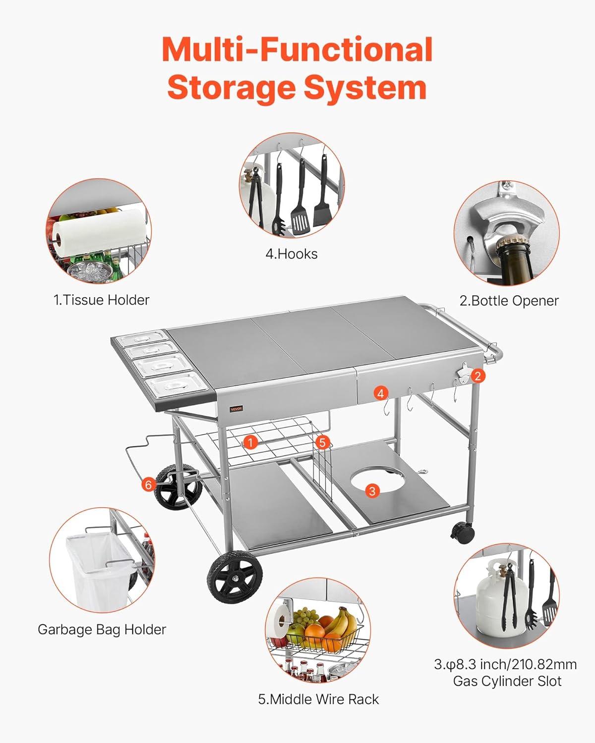 VEVOR Barbecuewagen voor buiten, 925 x 595 x 25 mm (tafelbladgrootte), oprolbare grilltafel met 4 kruidenbakjes & wielen en deksels en haken, barbecue-bereidingstafel, serveerwagen voor picknickkeuken
