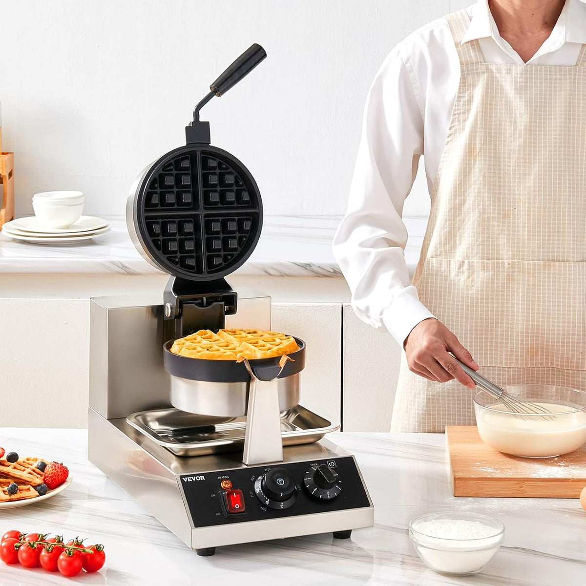 VEVOR Ronde wafelijzer wafel 1300 W, contactgrill Belgisch wafelijzer 4 stuks roestvrij staal wafelautomaat incl. voedselclip & borstels & brandveilig handvat, voor cafés, restaurant enz.