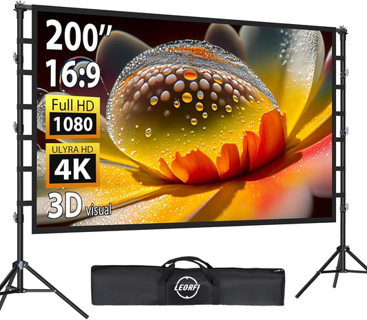 Beamerscherm van 200 inch, met standaard: draagbaar groot scherm voor outdoor bioscoop, projectiescherm voor binnen en buiten, 16:9 4K HD, kreukvrij en draagtas voor tuinbioscoop