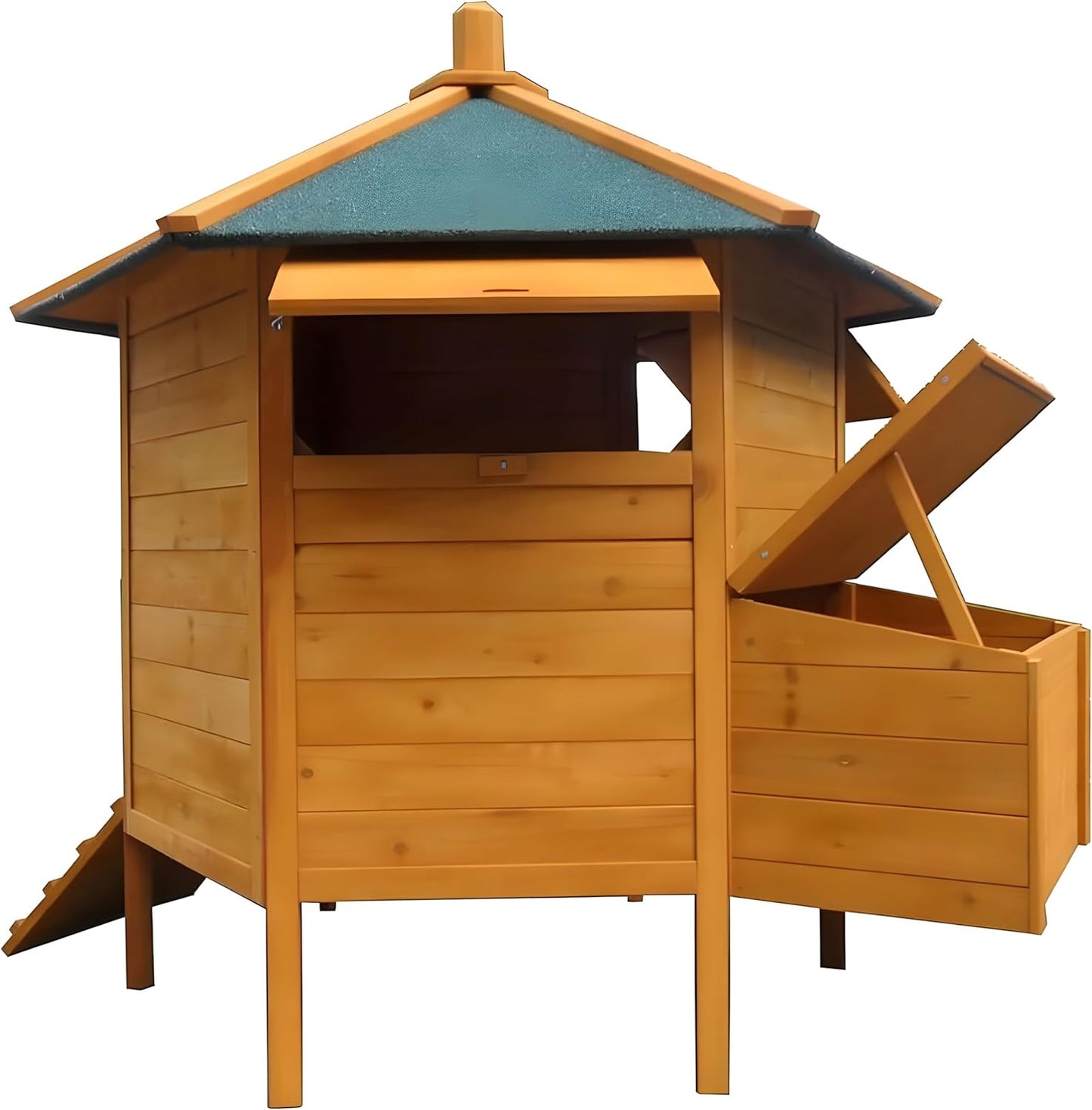 Kippenhok – Kippenren – Pluimveehok – Vogelnestkast – Kippenpaviljoen – Houten Constructie – Waterdicht Groen Dak – 131x125 cm – Inklapbare Trap Met Nestkast - QUORE