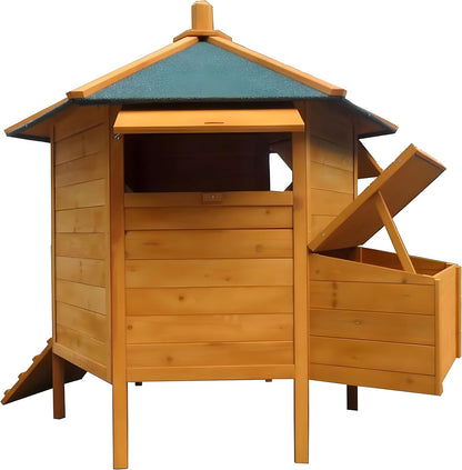 Kippenhok – Kippenren – Pluimveehok – Vogelnestkast – Kippenpaviljoen – Houten Constructie – Waterdicht Groen Dak – 131x125 cm – Inklapbare Trap Met Nestkast - QUORE