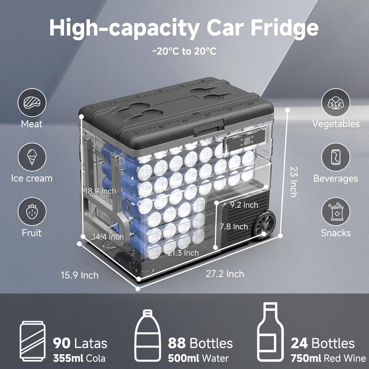 AAOBOSI Compressor-koelbox, 65 liter, koelbox auto met wifi-app-bediening, 12/24 V en 100-240 V, elektrische koelbox tot -20 °C, voor auto, vrachtwagen, boot, camper, camping
