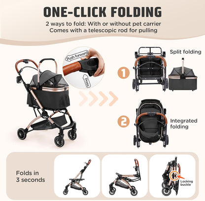 Gimars 4 in 1 Opvouwbare Kinderwagen voor Kleine/Middelgrote Honden en Katten. Draagt Tot 44 Lbs Met Afneembare Reismand Zonder Rits, 360° Voorwielen, Rem, Regenhoes, Bekerhouder, Opbergmand, Zwart