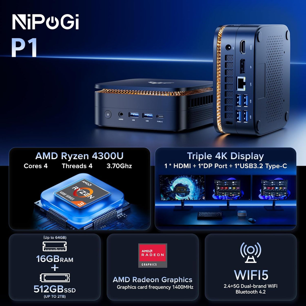 Mini PC – Mini Computer – Compact PC – Kleine Desktop – Windows PC – AMD Ryzen 4300U 3,7 GHz – 16GB RAM 512GB SSD – Dual 4K Schermondersteuning – VESA-Montage