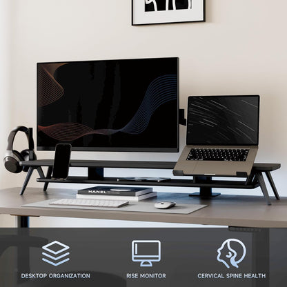 Fenge Monitor Stand, Dual Monitor Riser voor 2 monitoren met verstelbare Laptop Riser, 108cm Desk Organizer met Pad / Hoofdtelefoonhouder Max Belasting 50KG (Zwart)