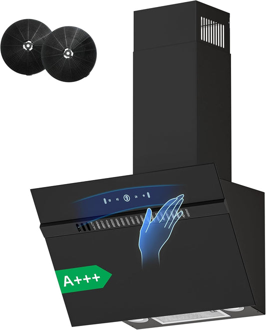 FIREGAS schuine afzuigkap 60 cm,energieklasse A+++, 684 m³/h, 9 standen,touch-en gebarenbediening, recirculatie/luchtafvoer, met LED-verlichting, inclusief actief koolstoffilter en afvoerslang,zwart