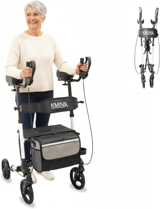 KMINA - Rollator met Armschalen en Zitje, Opvouwbaar voor Senioren, Aluminium voor Binnen- en Buitengebruik, met Mandje