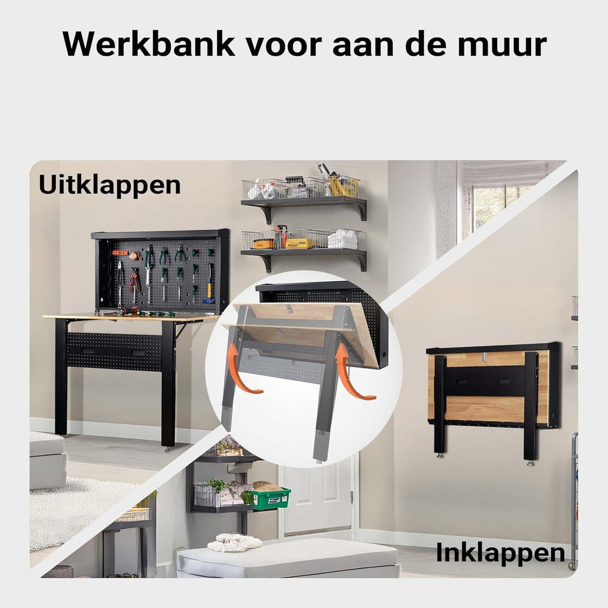 Wiltec werkbank voor wandmontage tot 200 kg, inklapbare gereedschapsbank 120,5 x 82,5 x 162 cm met geperforeerde plaat als achterwand