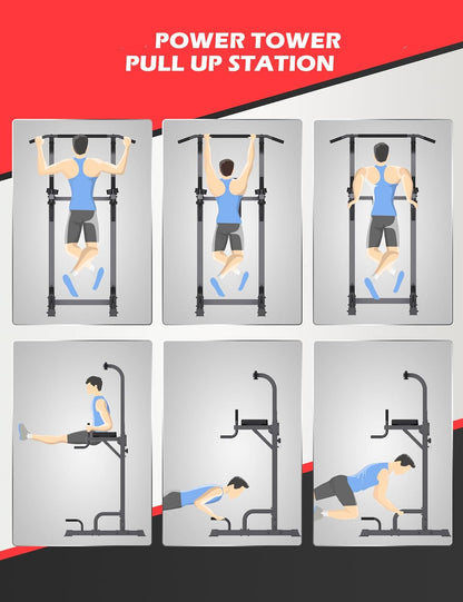 Pull Up Station - Dip Station - Dip Bars - Multifunctioneel - Instelbaar - Power Tower Fitness Station - Pull Up Bars - voor Huis - Gym -Krachttraining Apparatuur - 68.4 x 100 x  218 cm - Zwart