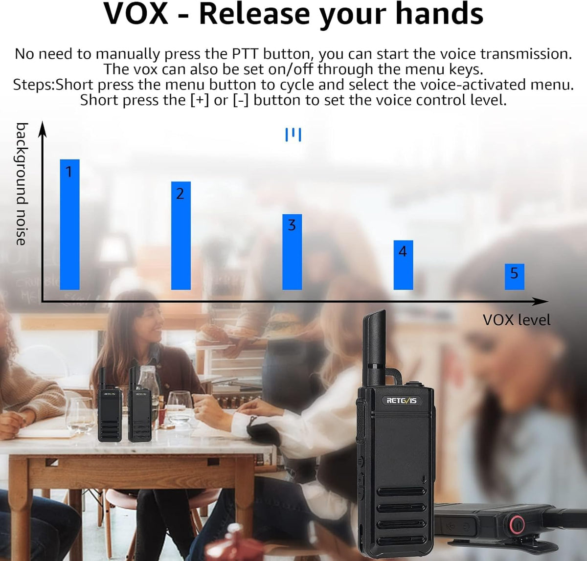 Retevis RB639 Walkie Talkie, PMR446 Professional Portofoon Mini met Oortjes, USB-C, Wireless Clone, Squelch, VOX Walkie Talkie Handsfree voor Restaurant, Detailhandel (4 Stuks, Zwart)