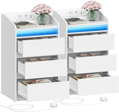Hzuaneri Bedside Table Set of 2 with 3 Drawers, Side Table with Charging Base and LED, 2 AC Outlets and 2 USB Ports for Bedroom, Living Room, White NS40103X