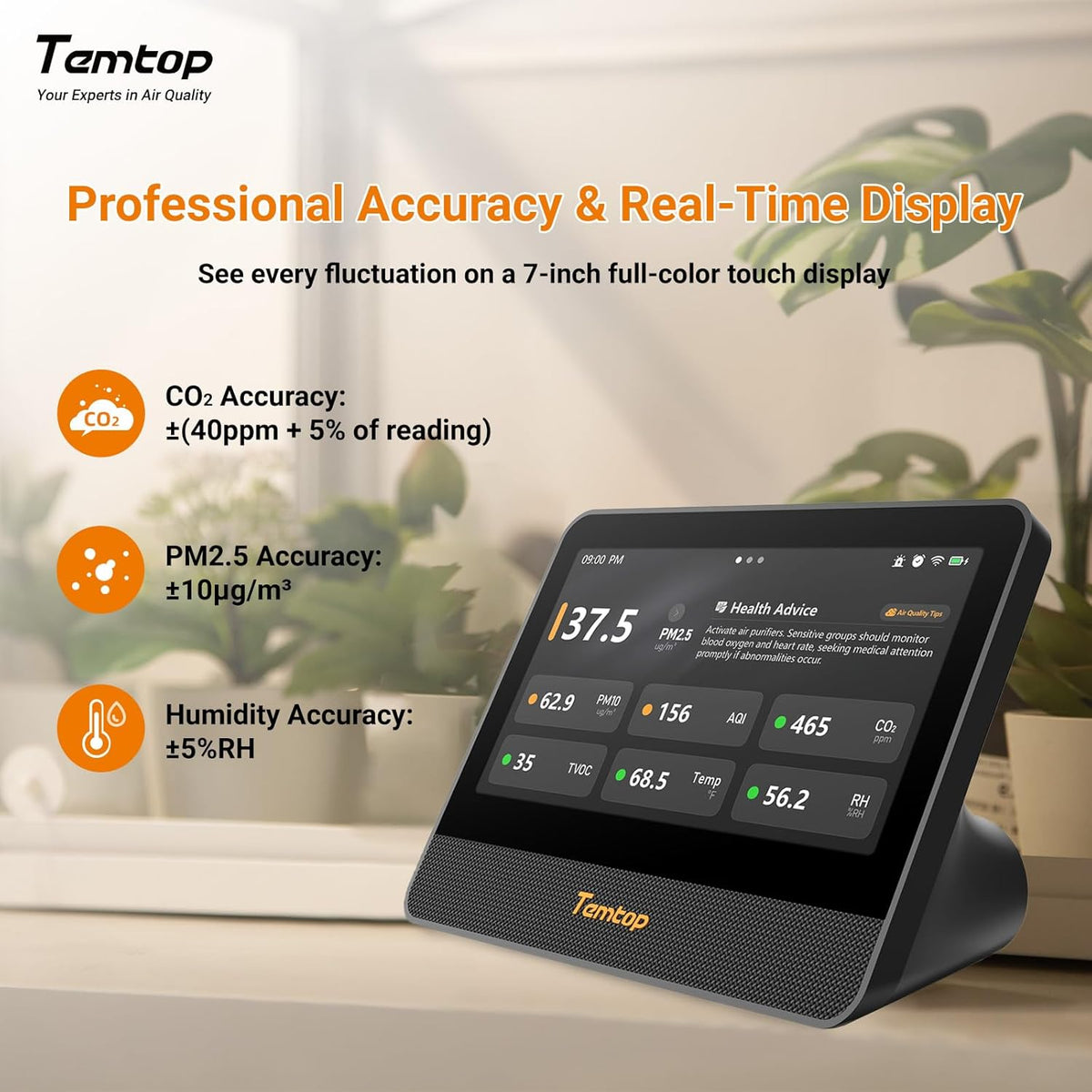 Temtop WiFi-luchtkwaliteitsmonitor M100 2e, 7 inch touchscreen CO2-detector voor binnen en luchtkwaliteitstester voor PM2.5 PM10 TVOC temperatuurvochtigheid, luchtanalysator voor thuiskantoor met