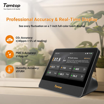 Temtop WiFi-luchtkwaliteitsmonitor M100 2e, 7 inch touchscreen CO2-detector voor binnen en luchtkwaliteitstester voor PM2.5 PM10 TVOC temperatuurvochtigheid, luchtanalysator voor thuiskantoor met