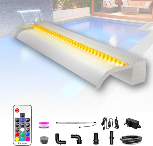Longrun 90 cm vijver waterval messen set, 304 roestvrij staal gebogen waterval met 7 kleuren led en afstandsbediening, breedte 25,5 cm