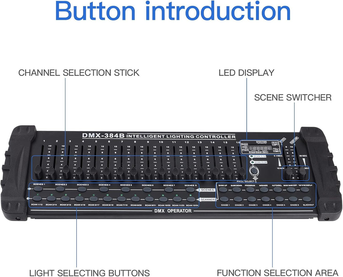 UKing DMX Controller, 384 kanalen, DMX512 controller, console, 240 programmeerbare scènes voor DMX besturing, DMX-lichtpult, party, DJ, disco, moving head, licht, podium, lamp, besturingsuitrusting