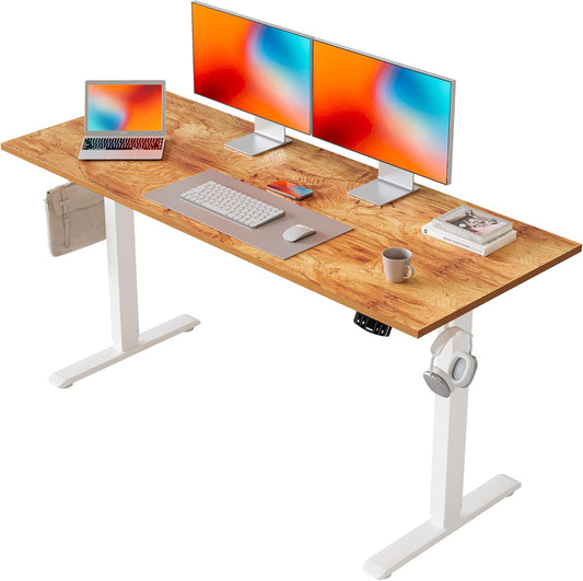 Agilestic In hoogte verstelbaar bureau 140 x 60 cm, stabiel bureau met elektrische hoogteverstelling en handmatige bediening met geheugen, ergonomisch bureau om staand of zittend te werken, lichtbruin