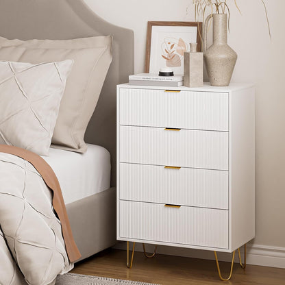 Ladecommode, houten 4 laden kast opbergorganizer, hoge hoogglans ladekast met gouden metalen poten voor slaapkamer, woonkamer, kast, hal, wit