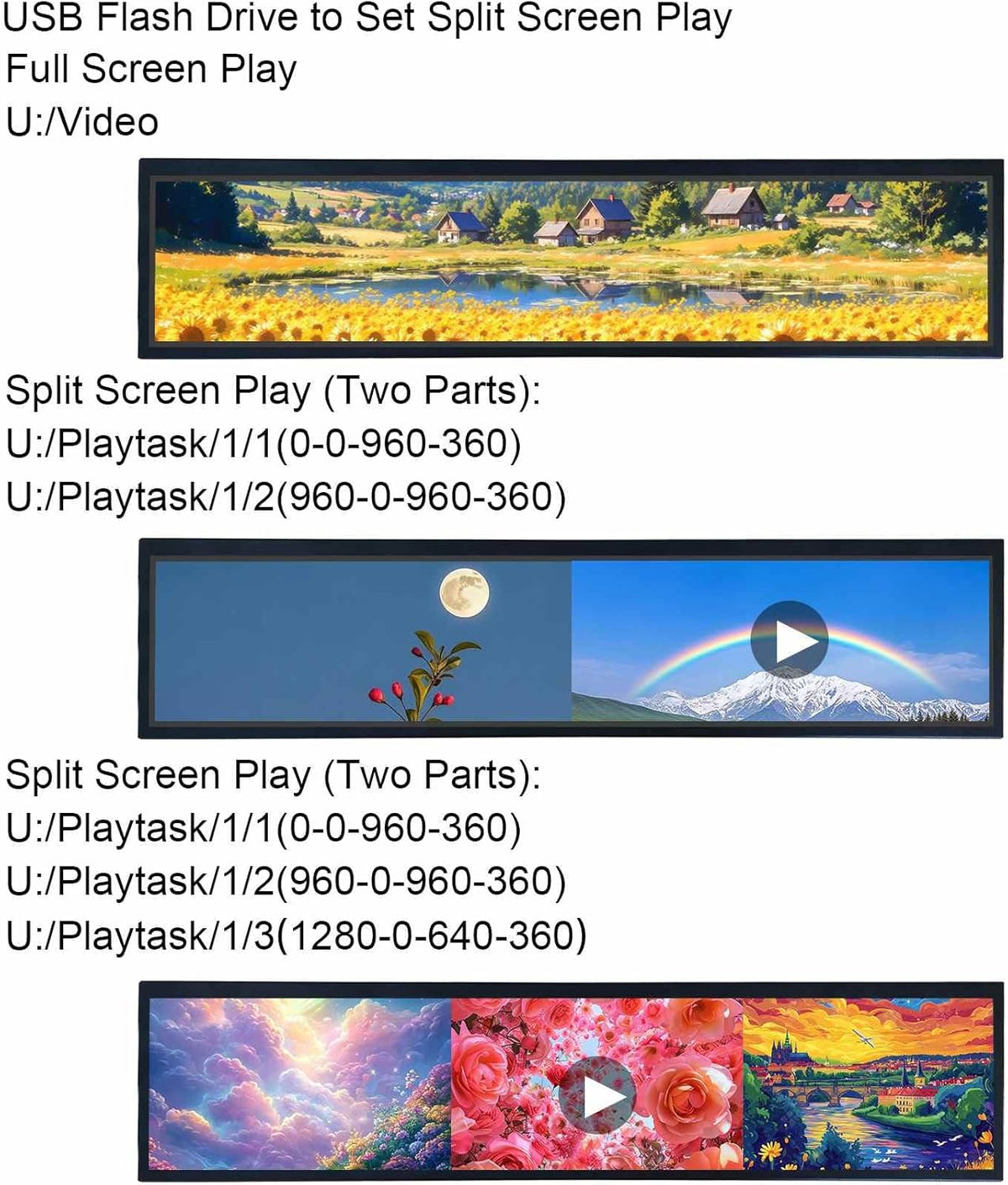 VSDISPLAY Draagbare Reclame Uitgerekte Bar LCD Monitor, 21.3 duim 1920x360 500 neten IPS Scherm met USB 2.0 Videopoort, Auto-play, Gespleten Vertoning