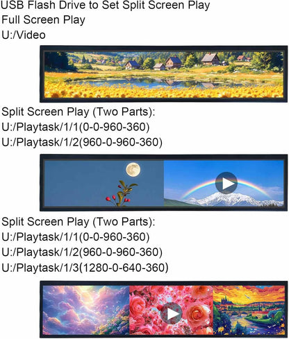 VSDISPLAY Draagbare Reclame Uitgerekte Bar LCD Monitor, 21.3 duim 1920x360 500 neten IPS Scherm met USB 2.0 Videopoort, Auto-play, Gespleten Vertoning