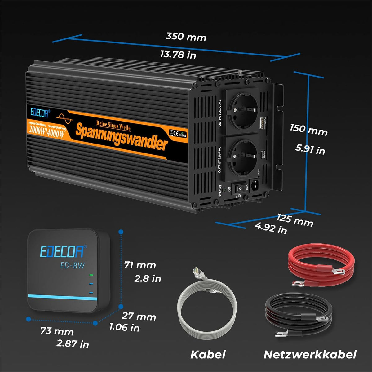 EDECOA 12 V 230 V omvormer, 2000 W/4000 W, 12 V naar 230 V, zuivere sinusgolf, omvormer met wifi-module, ondersteuning voor app-functies met 1 USB-poort en 1 PD-aansluiting