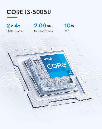 C3 Mini PC Core i3 5005U (tot 2,0 GHz, 2C/4T), 8 GB DDR3 RAM 512 GB SSD, Dual Display/W10 Pro/WiFi 5/BT5.0/RJ45 LAN, Desktop PC voor Kantoor/Huis/Onderwijs
