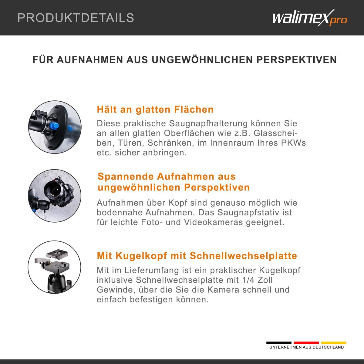 Walimex Pro Zuignap statief incl. kogelkop voor systeem- en DSLR-camera's