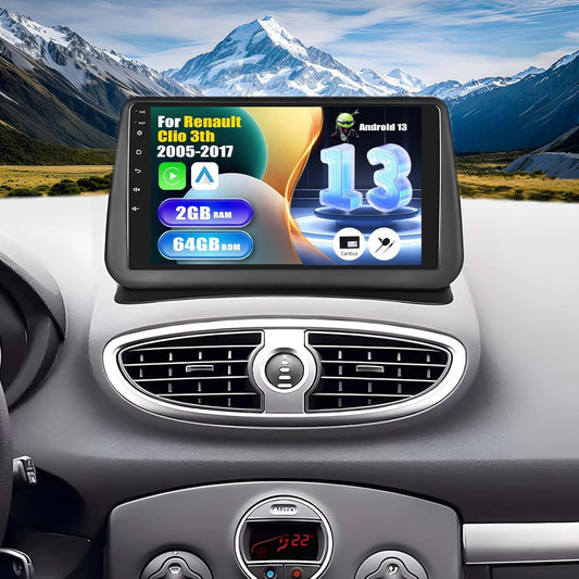 SIXWIN Autoradio, 2 + 64G, Android 13, voor Renault Clio 3e 2005-2017 met Carplay/Android Auto/Mirror Link, 9 inch capacitief touchscreen met wifi, GPS, Bluetooth, FM/RDS EQ