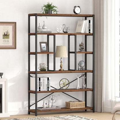 LVB Rustieke boekenkasten en boekenplanken, metalen hout 6-laags boekenplank en boekenrek opslag, industriële verticale weergave Etagere boekenkast 6 planken, vintage grote boekenplank voor slaapkamer