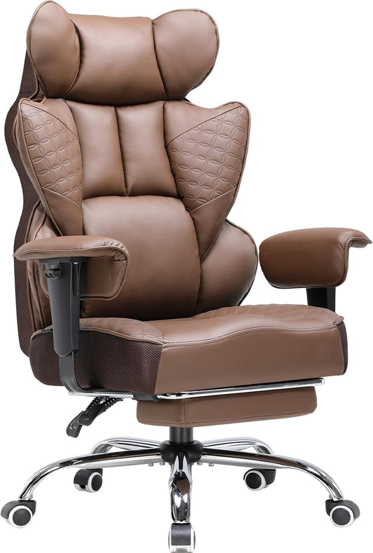 COMHOMA Gaming Chair, Ergonomic Office Chair, Office Chair with Adjustable Armrests, Pocket Spring Lumbar Support for Large and Tall Persons, 150 kg, Wide Seat, Brown