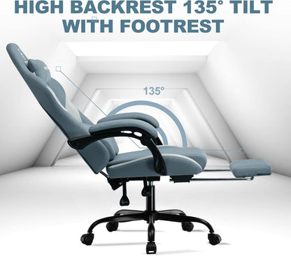GTPLAYER Gaming Chair, Gamers Chair, Breathable Office Chair Made of High Quality Fabric, Ergonomic PC Chair, Adjustable and Swivel Office Chair with Footrest, Blue - QUORE