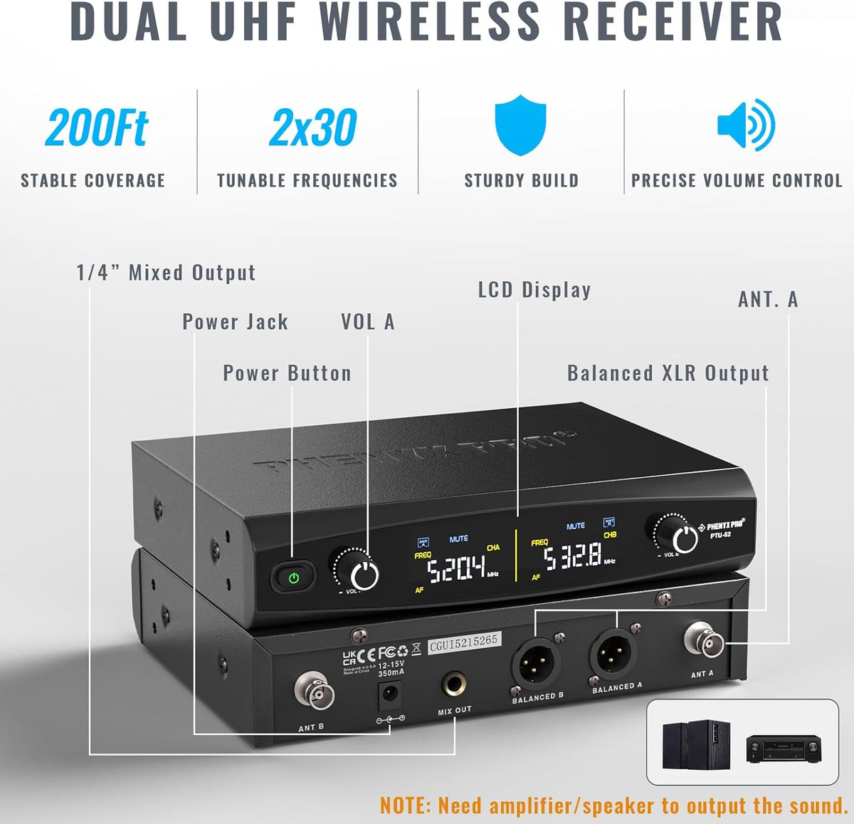 Phenyx Pro UHF Draadloos microfoonsysteem met 2 x 30 instelbare frequenties, draadloze metalen microfoonset, 61 m bereik, 2 bodypacks & headsets/microfoons voor spreken, zingen, kerk, DJ