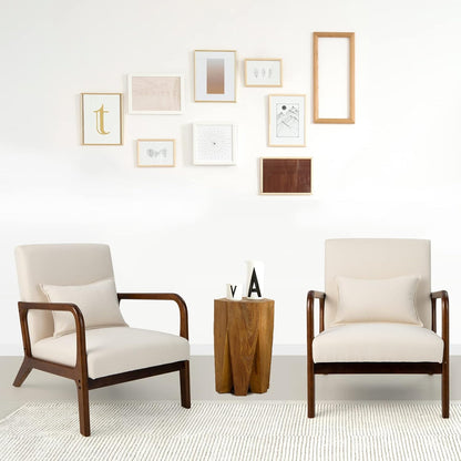 FANTASK Fauteuil, moderne eenpersoonsbank van hout met armleuningen, loungestoel bekleed voor woonkamer, slaapkamer, 65 x 79 x 77 cm, beige